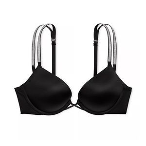 NWT VICTORIAS SECRET Bombshell Double Rhinestone Strap Push-Up Bra Black